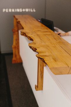 natural edge reception desk | Skylar Morgan Furniture + Design Wooden Reception Desk Design, Live Edge Wood Reception Desk, Live Edge Checkout Counter, Reclaimed Wood Reception Desk, Natural Reception Desk, Natural Wood Reception Desk, Live Edge Reception Desk, Acupuncture Office Design, Wooden Reception Counter