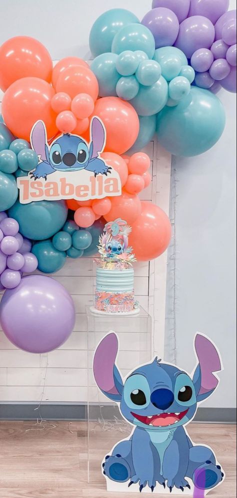 #lilostitch #stitchbirthday #stitch #birthdayparty #birthdaypartyideas #stitch Stitch And Angel Birthday Party Decorations, Stitch Backdrop Ideas, Stitch Party Decor, Stitch Girl Birthday Party, Stitch Baby Shower Theme Girl, Stitch Balloon Garland, Stitch Balloons, Lilo And Stitch Birthday Party, Lilo And Stitch Cake