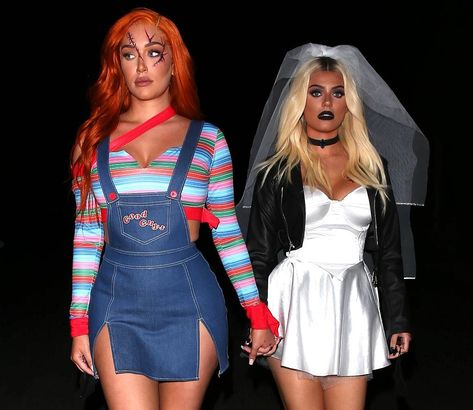 Chuckle And Tiffany Costume, 2person Halloween Costumes, Girl Chucky Halloween Costume, Halloween Costumes For Females, Hot Chucky Costume, Cute Chucky Costume, Movie Custome Ideas, Slasher Costumes Women, Red Head And Blonde Halloween Costumes