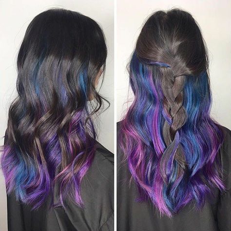 Hidden Galaxy Hair, Peekaboo Galaxy Hair, Vivid Hair Color Peekaboo, Balliage Hair, Hair Underlights, Hidden Hair Color, Peekaboo Hair Colors, Underlights Hair, Galaxy Hair