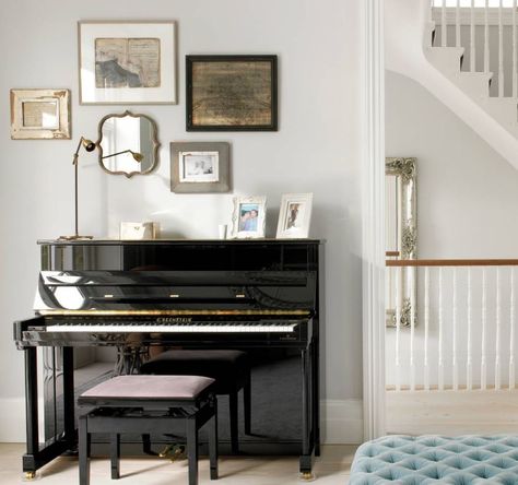 Gallery Wall Over Piano, Gallery Wall Around Piano, Black Upright Piano Decor, Black Upright Piano Living Room, Piano With Gallery Wall, Piano Corner, Piano Styling, Photo Walls, Piano Decor