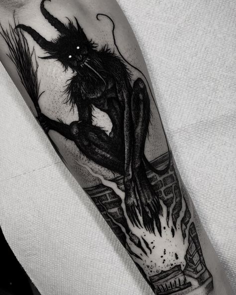 at the drowsy dusk when the shadows creep from the golden west, where the sunbeams sleep @mattwmurray #krampus . . . #blackveiltattoo… Werewolf Tattoo, Germany Tattoo, Shadow Tattoo, Devil Tattoo, Insect Tattoo, Demon Tattoo, Scary Tattoos, 4 Tattoo, Fire Tattoo