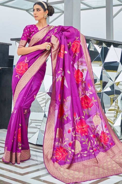 Magenta Pink Soft Silk Printed Saree € 86 Purple Organza Saree, Pink Soft Silk Saree, Silk Printed Saree, Wedding Sarees Online, Organza Blouse, Indian Silk Sarees, Party Wear Saree, Art Silk Sarees, Printed Saree