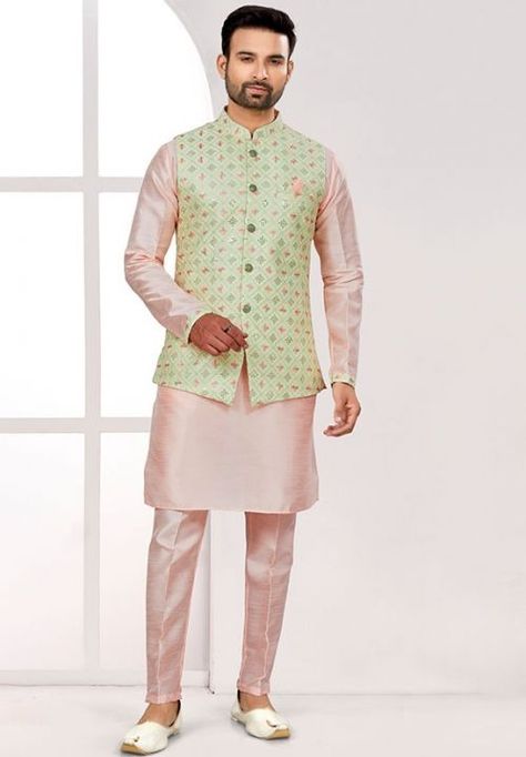 Peach Kurta Pyjama Set with Pista Green Jacket Peach Jacket, Mens Traditional Wear, Gents Kurta Design, Gents Kurta, Pista Green, Chinese Collar, Kurta Pyjama, Navy Blue Jacket, Kurta Pajama