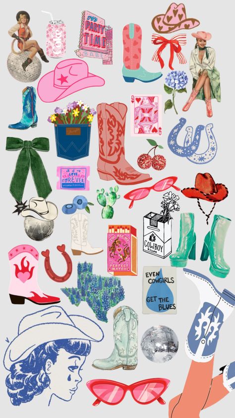 #cowgirlsesthetic #collagewallpaper #blue #pink #cowgirl #cowboyboots Cute Home Screens, Collage Diy, Dorm Art, Iphone Wallpaper Fall, Cowgirl Aesthetic, Summer Scrapbook, Pink Cowgirl, Scrapbook Book, Tattoo Flash Art