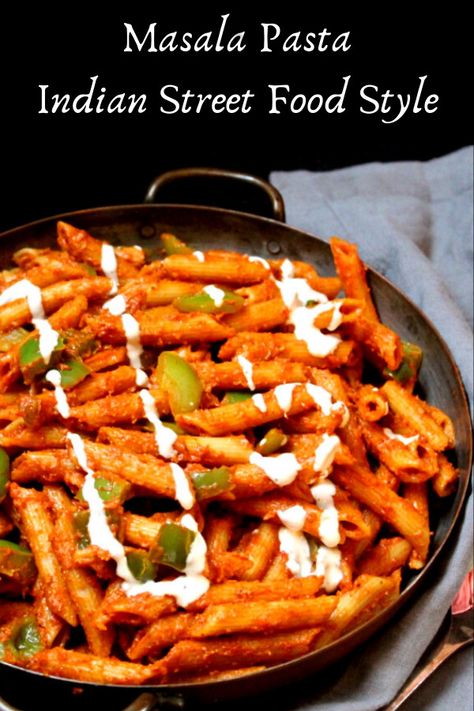 If you love pasta, and you love Indian food, you won't be able to resist this Masala Pasta. A fiery red tomato sauce seasoned with cumin and garlic and mellowed with cashew cream makes every bite one to remember. A vegan, soy-free recipe, can be nut-free. #vegan, #pasta, #indianstreetfood, #masala HolyCowVegan.net Veg Pasta Recipes Indian, Indian Pasta Recipes, Pasta Recipes Vegetarian Indian, Continental Recipes, Indian Street Style, Masala Pasta, India Recipes, Maggi Masala, Indian Vegan