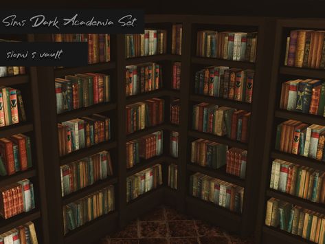 Manga Bookshelf, Dark Academia House, Academia House, Dark Academia School, Sims Medieval, Sims 4 Clutter, Sims 4 House Plans, Sims Building, Sims 4 Collections