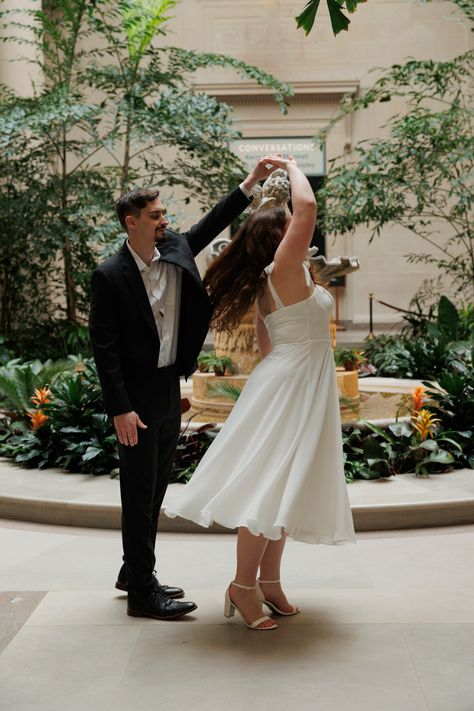 Newly engaged couple dancing Tea Length White Dress, White Tea Length Dress, Poses For Engagement, Dancing Poses, Wedding Website Design, Mountain Wedding Venues, Old Town Alexandria, Romantic Photos Couples, Engagement Outfit