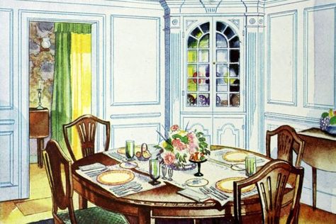 Dining room lighting & decorating advice from 1922 - Click Americana 1929 Home Decor Interior Design, 1920 Dining Room, 1930 Dining Room, 1930s Dining Room, 1940s Dining Room, 1920s Dining Room, Dining Room Drawing, Montreal Apartment, Antique Dining Room Furniture