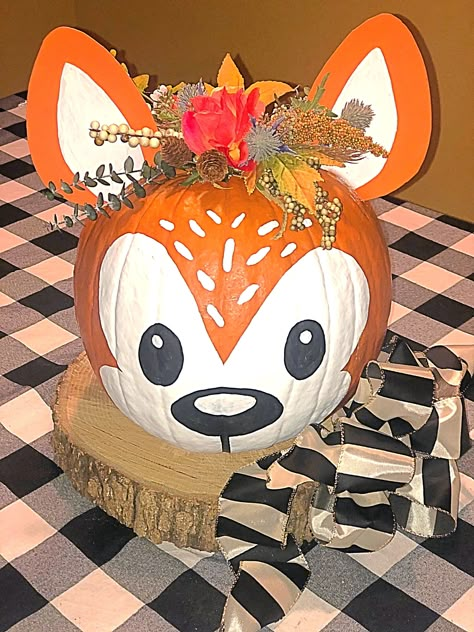 Painted Fox Pumpkin, Deer Painted Pumpkin, Deer Pumpkin Decorating, Flat Pumpkin Painting Ideas, Bambi Pumpkin, Deer Pumpkin Painting, Fox Pumpkin Painted, Pumpkin Painting Funny, Cow Pumpkin Painting