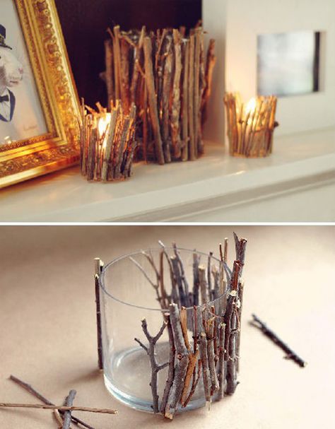 Living Room Christmas Decorations- would like to do for those used Yankee Candle jars....perfect reuse and recycle Twig Candle Holder, Lilin Aroma, Kerajinan Diy, Eco Crafts, Diy Jul, Astuces Diy, Christmas Decorations Living Room, Dekor Diy, Diy Casa