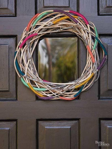 colorful wreath Inexpensive Decor, Boho Wreath, Twig Wreath, Wreath Decor, Front Door Decor, Diy Wreath, Fun Decor, Paper Decorations, Decor Project