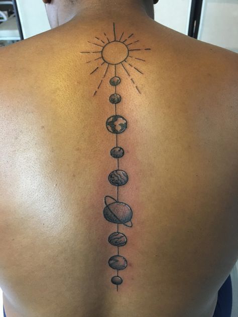 Front Thigh Tattoos, Spine Tats, Flower Spine Tattoos, Solar System Tattoo, Spine Tattoo Ideas, Cute Simple Tattoos, Planet Tattoos, Small Pretty Tattoos, Petite Tattoos