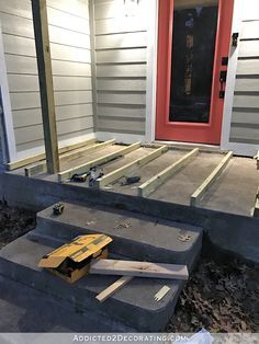 Deck Over Concrete, Wood Front Porch, Concrete Front Porch, Porch Extension, Front Porch Furniture, Porch Stairs, Front Door Steps, Front Porch Steps, Front Stairs