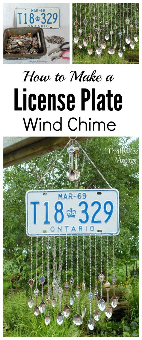 Make a fun license plate wind chime with souvenir spoons as the tinkling chimes / thriftyrebelvintage.com Garden Art From Junk, License Plates Diy, License Plate Crafts, Wind Chimes Homemade, Old License Plates, Rain Chains, License Plate Art, Licence Plate, Plates Diy