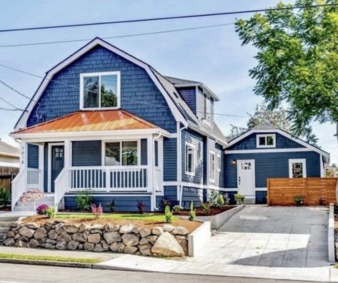 Like this garage and the blue paint with copper roof!!! Blue And Copper House Exterior, Blue House Copper Roof, Copper Roof House Exterior Colors, Navy Blue House Exterior, Copper Roof House, Patio Covering, Navy Blue Houses, Copper Awning, Blue Bungalow