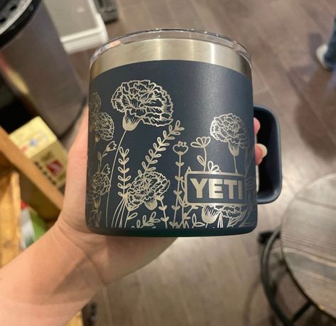 14oz - Carnation Wrap laser engraved on a Yeti mug, with magslide lid. by ShakyTs on Etsy Yeti Mug, Engraved Yeti Tumbler, Customized Tumblers, Engraved Yeti, Yeti Stickers, Yeti Tumbler, Cherished Memories, Unique Items, Highland Cow