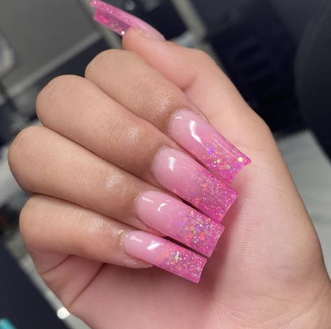 Long Nail Designs Pink Glitter, Pretty Pink Nails Acrylic Glitter, All Pink Glitter Nails, Pink Glitter Coffin Acrylic Nails, Barbie Ombre Nails, Pink Euphoria Nails, Hot Pink Glitter Acrylic Nails, Chunky Pink Glitter Nails, Pink Acrylic Nails Designs Glitter