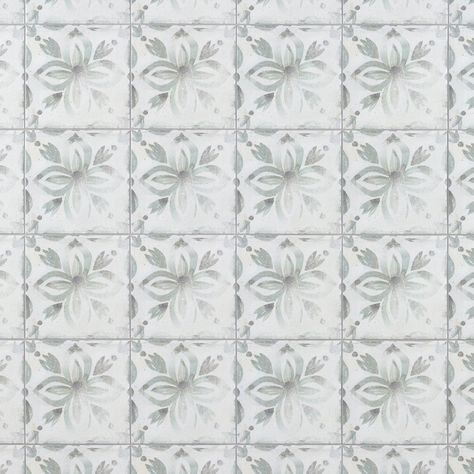 Moda Del Mar | Rosemary Porcelain Tile, 8 x 8, Green, 0.33 Thick - Floor & Decor Green Pattern Tile, Green And White Tile, Scandi Cottage, Tile Spacers, Tile Cleaners, Polished Porcelain Tiles, Kitchen Upgrades, Construction Projects, Tile Flooring