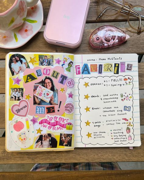 Mara McGinnis | ⭐️ Journal idea: About me page! The stickers and photos on this spread represent a few things about me: 🍎✏️: I was a preschool teacher… | Instagram Things About Me Journal Ideas, Scrapbook Journal About Me, All About Me Ideas Aesthetic, Journaling With Photos, Journal Ideas Aesthetic About Me, Jornal Idea About Me, Favorite Things Journal Page, Journal About Friends, Junk Journal About Me Page