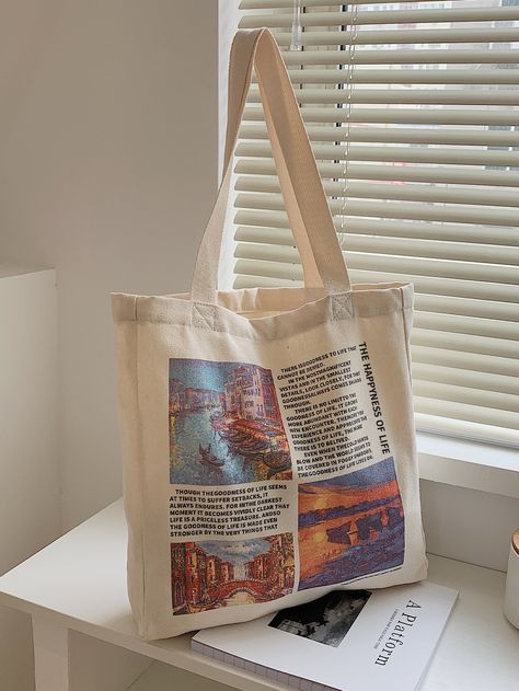 Multicolor Preppy   Canvas Letter Graphic Shopper Bag    Women Bags Newspaper Graphic, Mens Tote Bag, Freetime Activities, Men's Totes, College Bags, Holiday Essentials, Travel Handbags, Painted Letters, Mua Sắm