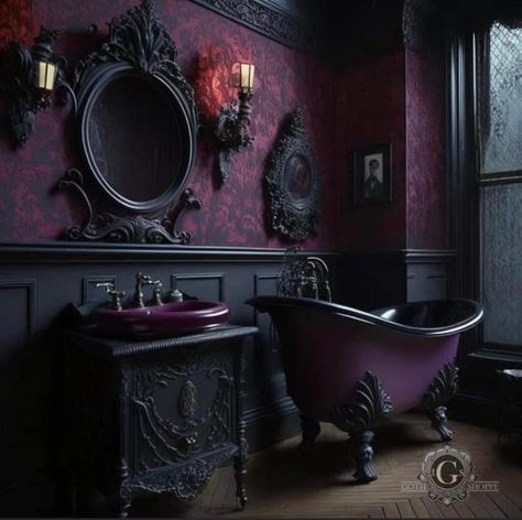 Tadelakt Plaster, Gothic Bathroom Ideas, Moody Bathroom, Gothic Bathroom, Gothic Interior, Purple Bathrooms, Fantasy Rooms, Dark Home Decor, Goth Home Decor