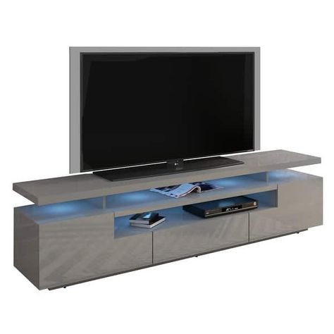 Strick & Bolton Sparkes 77-inch High Gloss TV Stand with LED Lights - Bed Bath & Beyond - 26283649 Tv Module, Gray Tv Stand, Tv Wall Design Modern Luxury, Tv Cabinet Wall Design, Luxury Tv Wall, Tv Stand With Led Lights, Modern Tv Room, Grey Tv Stand, Modern Tv Wall Units