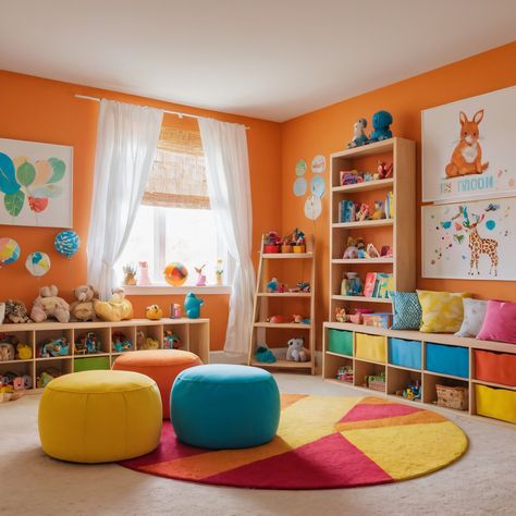 ⚠️LINK IN BIO⚠️ A vibrant children’s playroom filled with colorful decor, inventive storage options, and a playful theme to inspire creativity. #Playroom #Colorful #CreativeStorage #PlayfulTheme #Children Orange Playroom Ideas, Groovy Playroom, Red Playroom, Playroom Colorful, Bright Playroom, Indoor Playroom, Playroom Ideas, Creative Storage, Inspire Creativity