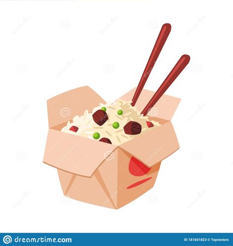 Takeout Illustration, Asian Fast Food, Rice Box, Carton Box, Cute Texts, Background Illustration, Vector Stock, Chopsticks, Noodles