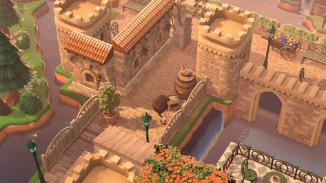 Acnh Scottish Island, Animal Crossing Castlecore, Acnh Castle Ideas, Acnh Medieval Building Side, Acnh European Citycore, Acnh Castlecore, Acnh Medieval, Acnh Castle, Animal Crossing 3ds