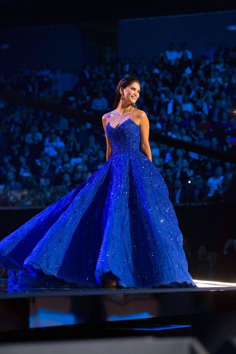 Pageant Ball Gowns, Pia Wurtzbach Gown, Miss Universe Outfits, Michael Cinco Gowns, Blue Street Style, Silver Silk Dress, Miss Universe Gowns, Pia Wurtzbach, Royal Blue Gown