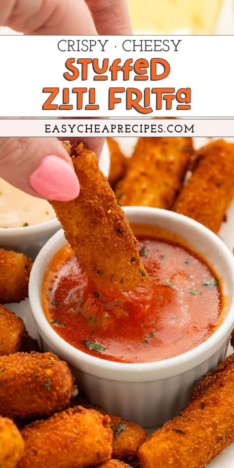 The Olive Garden fave, but make it at home! This stuffed ziti fritta is even better than OG’s, we swear. Ziti pasta is stuffed with 4 types of cheese, lightly breaded, and fried to perfection… don’t forget the marinara and alfredo sauces for dipping. Absolutely delicious! Stuffed Ziti Fritta, Stuffed Ziti, Ziti Noodles, Ziti Pasta, Nutritious Recipes, Cheap Dinners, Types Of Cheese, Olive Garden, Family Friendly Meals