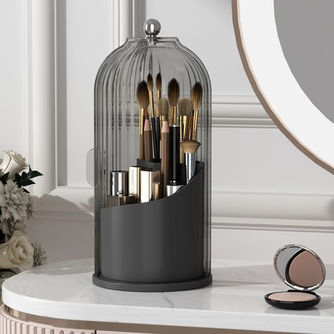 PRICES MAY VARY. Sliding Door: Makeup brush holder with lid is enclosed, so no more dust particles and bacteria landing on makeup brushes, sliding to close rather than lifting a cover from up above 360 Degrees Rotating Base: Make up brush holder organizer spins, so you can access all the items easily, the cover can stay on when brushes are removed or added 3 Different Sections: With different depths slots, makeup brush storage allows short or tall makeup brushes and small cosmetic tools to be st Modern Vanity Table, Makeup Area, Brush Storage, Makeup Brush Organization, Makeup Brush Storage, Cosmetic Display, Makeup Brush Holder, Bathroom Countertop, Storage Boxes With Lids