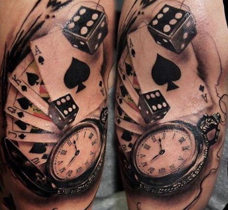 Guys Tattoos Dice Playing Card Tattoos, Dice Tattoo, Card Tattoo Designs, Gambling Machines, Theme Tattoo, Craftsman Bungalow, Gambling Cake, Geniale Tattoos, Gambling Tattoo