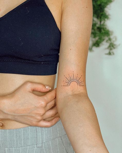 Small Elbow Crease Tattoo, Your Time Is Limited Tattoo, Sunshine Tattoos, Tattoo Ribcage, Bicep Tattoo Women, Sky Tattoo, Sunrise Tattoo, Bali Tattoo, Sunshine Tattoo