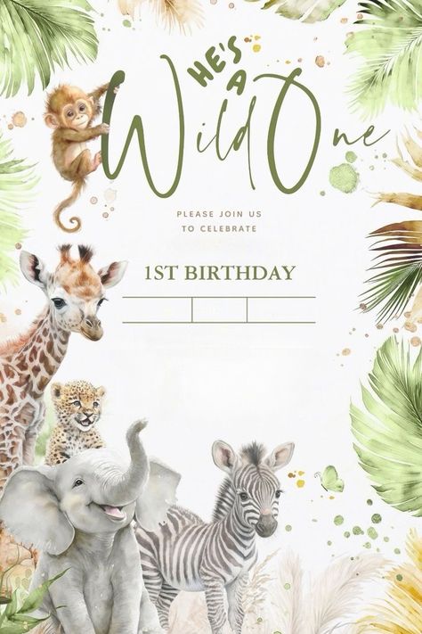 1st Birthday Safari Theme, Safari Birthday Card, Baby Photo Collages, Safari Theme Birthday Party, Safari Animals Birthday, Animal Baby Shower Theme, Boys First Birthday Party Ideas, Baby Birthday Decorations, Safari Art