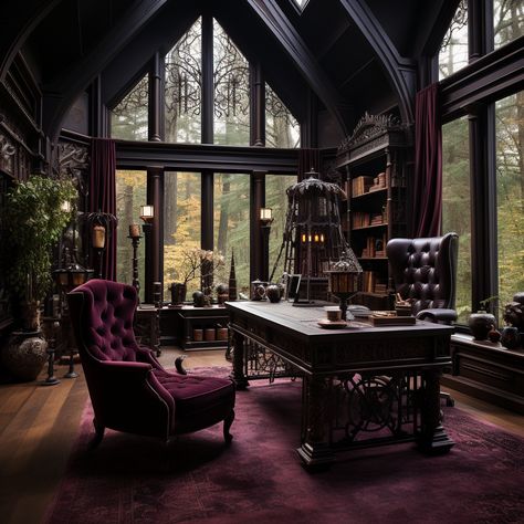 Dark Academia Architecture Exterior, Dark Academia Space, Whimsigoth Design, Modern Gothic Home, Gothic Home Interior, Gothic Office, Mansion Exterior, Craftsman Interior, British Home