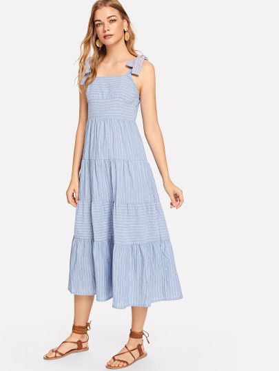 Self Tie Shoulder Striped Layered Dress -SheIn(Sheinside) Crossover Dress, Floral Wrap Maxi Dress, Polka Dot Maxi Dresses, Pattern Dress Women, Layered Dress, Maxi Shirt Dress, Linen Maxi Dress, Tiered Maxi Dress, Midi Maxi Dress