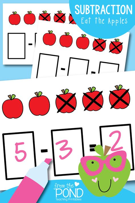 Subtraction Activity Cards Apple Math Centers, Subtraction Centers, Free Math Centers, Subtraction Activity, Apple Math, Subtraction Kindergarten, Teaching Printables, Subtraction Activities, From The Pond