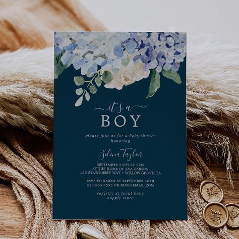 Elegant Blue Hydrangea Navy It's A Boy Baby Shower for $2.92 - Baby Shower Invitations Country Chic Baby Shower, Navy Baby Showers, Plaid Baby Shower, Baby Boy Invitations, Summer Invitation, Blue Baby Shower Invitations, Chic Baby Shower, Baby Q, Baby Shower Flowers