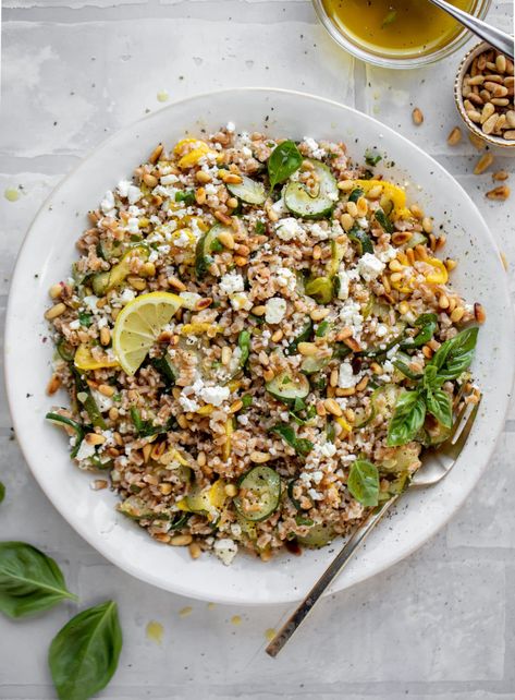 Corn Zucchini Salad, Meal Sides, Salad With Lemon Vinaigrette, Corn Zucchini, Farro Recipes, Salad Summer, Meat Meals, Summer Zucchini, Slow Roasted Tomatoes