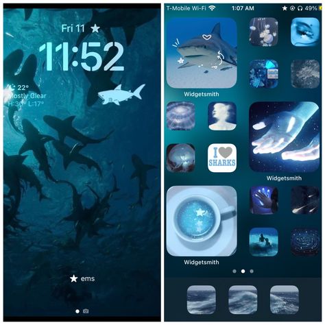 Shark Homescreen Layout, Ocean Phone Theme, Shark Homescreen, Homescreen Wallpaper Iphone, Y2k Homescreen, Iphone Theme Ideas, Christmas Instagram Pictures, Minimalist Wallpaper Phone, Ocean Iphone