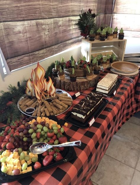 Outside Camping Birthday Party Ideas, Campout Themed Birthday Party, Christmas Campout Ideas, Woodsy Theme Birthday Party, Lumber Jack Party Food Ideas, Christmas Campfire Party, Bonfire Shower Ideas, Wilderness One Birthday, Birthday Party While Camping