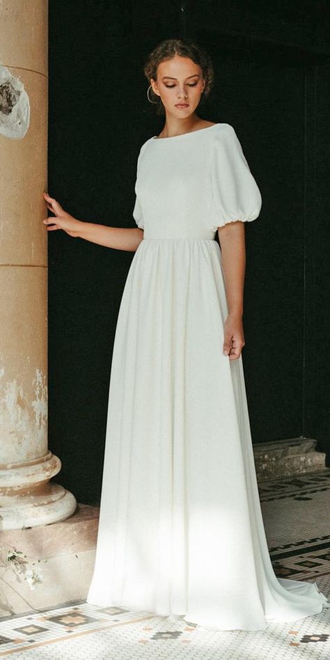 Modest Wedding Dresses With Sleeves, Temple Dress, Modest Wedding, Bateau Neck, Modest Wedding Dresses, Wedding Dress Inspiration, Wedding Dresses Simple, Dream Wedding Dresses, Balloon Sleeves