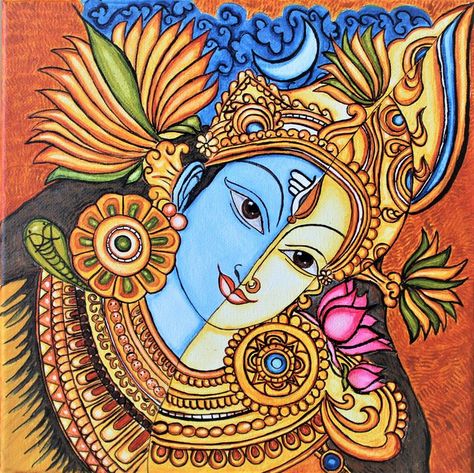 Ardhanareeshwara (Shiva and Parvathi - Sheethal Fine Arts - Paintings & Prints, Religion, Philosophy, & Astrology, Hinduism - ArtPal Ardhanareeshwara Painting, Ardhnarishwar Painting, Painting Of Shiva, Tattoos For Girls, Kalamkari Painting, Kerala Mural Painting, Buddha Art Painting, Tanjore Painting, Madhubani Art