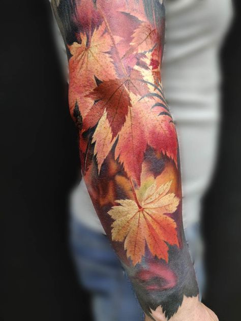 Fall Scene Tattoo, Tree Sleeve Tattoo For Men, Autumn Tattoo Sleeve, Oak Leaves Tattoo, Maple Leaves Tattoo, Autumn Leaves Tattoo, Fall Tattoo Ideas Autumn, Autumn Tattoos, Maple Tree Tattoos