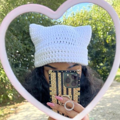 White cat ear beanie 
#cathat #catear #kittyear... - Depop Alt Style Outfit, Diy Crochet Hat, Crochet Cat Beanie, Handmade Halloween Costumes, Cat Ear Beanie, Cap Crochet, 100 Crochet Stitches, Ear Beanie, Cat Eared Beanie