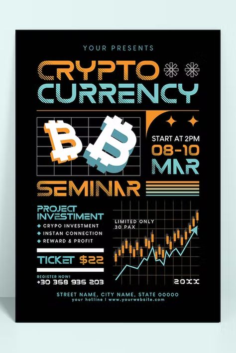 Crypto Currency Conference Flyer Template AI, EPS Crypto Design Poster, Crypto Poster, Conference Flyer Design, Conference Poster, Flyer Poster, Work Place, Street Names, Crypto Currencies, Poster Template