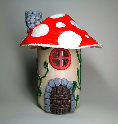 Mini mushroom house made using a jar, air dry clay and acrylic paint Mushroom Jar, Clay Mushroom House, Clay Jar, Mushroom House, Painted Jars, Diy Clay Crafts, Bottle Painting, House Made, Diy Clay