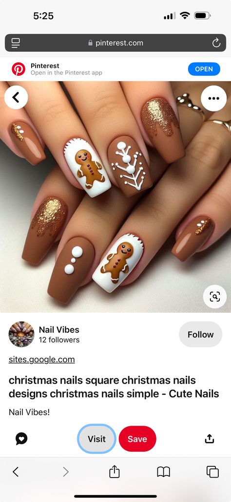 Gingerbread Nail Art Designs, Ginger Bread Nail, Gingerbread Cookie Nails, Gingerbread Nails, Holiday Nails Winter, Really Cute Nails, Nails 2024, Gold Nails, Cute Acrylic Nails